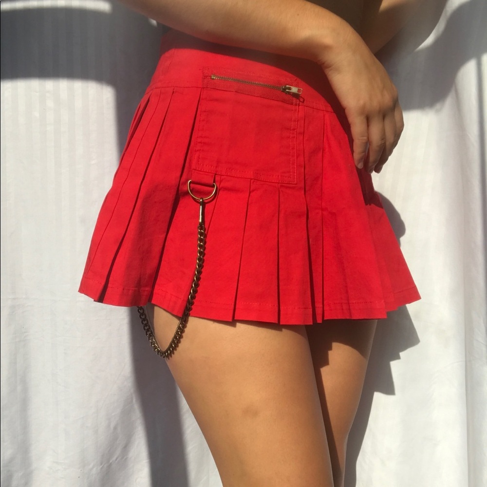 Red Pleated Mini Skirt